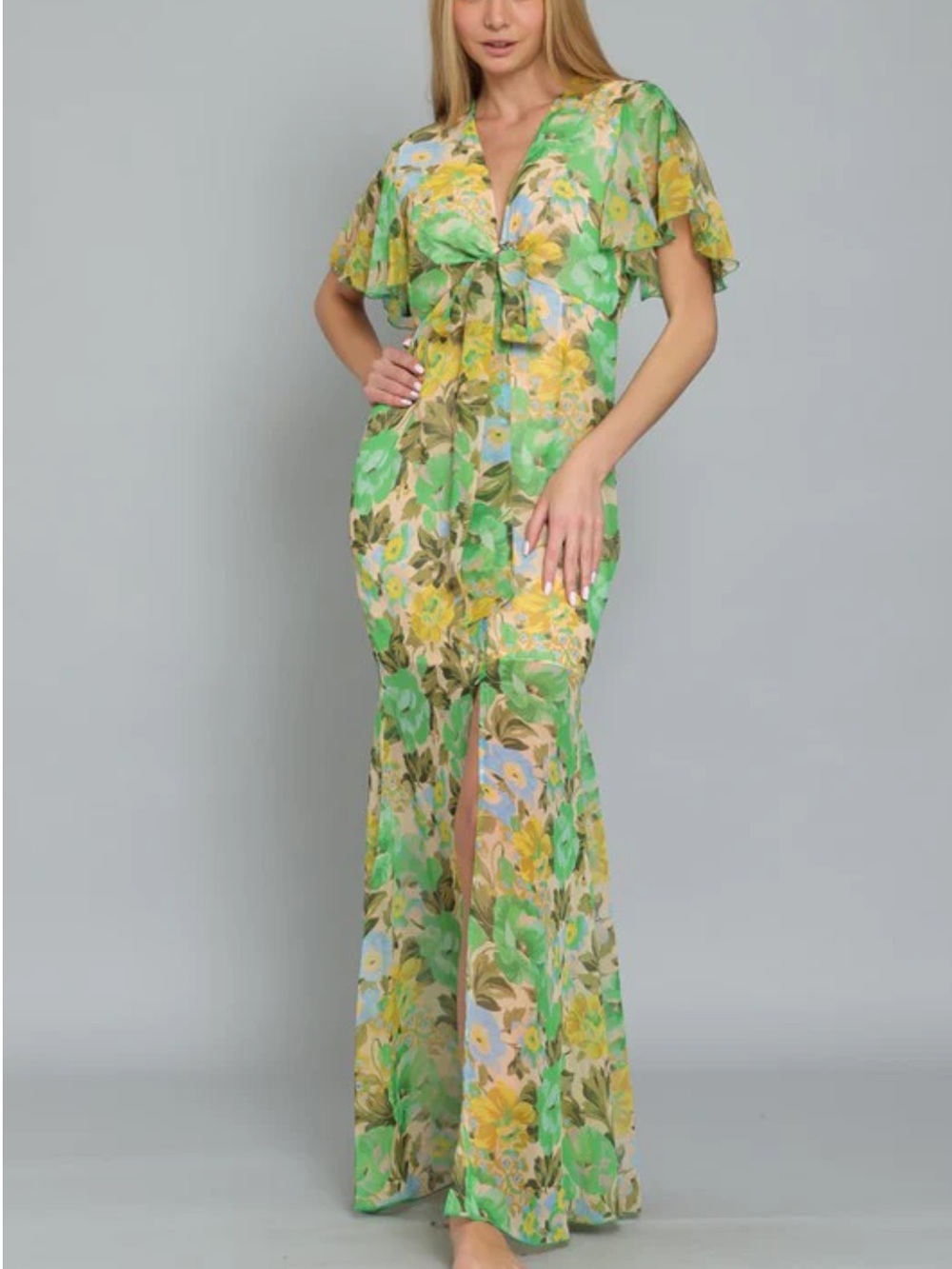 Aakaa Green Floral Maxi Dress Open Back Flutter Sleeve Bow Tie Button Front L EC